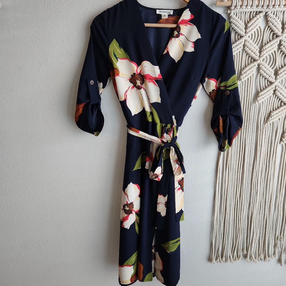 Monteau Navy Blue Floral Wrap Midi Dress‎ Extra Small